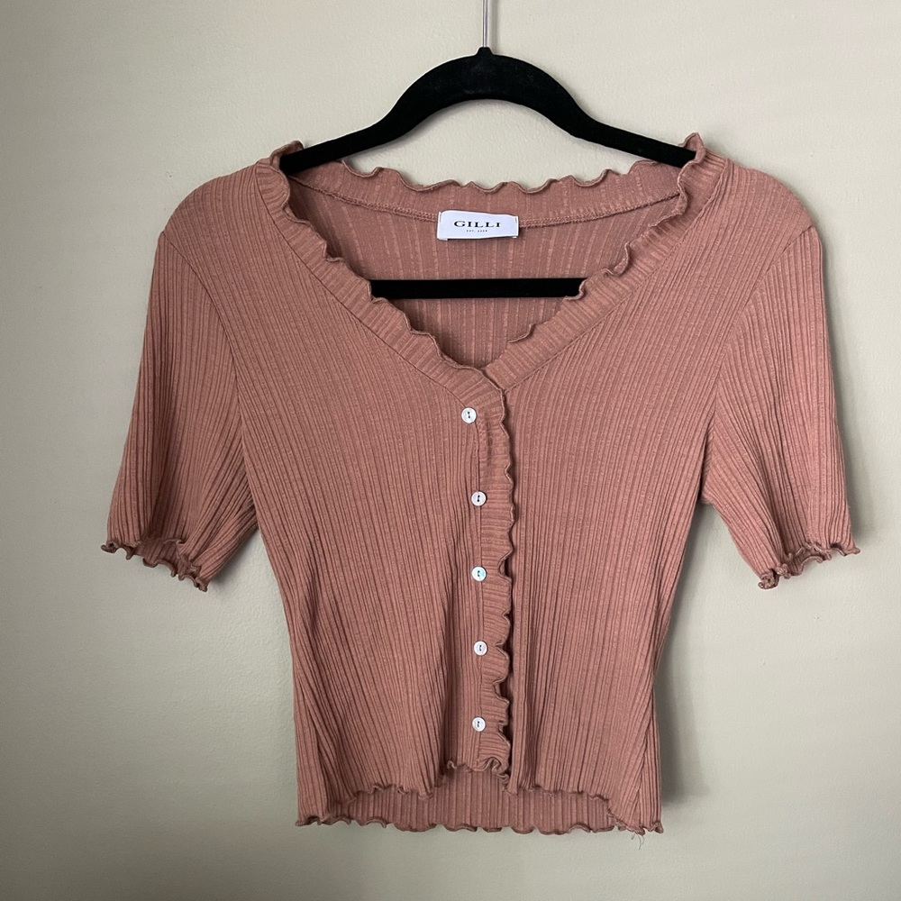 Gilli Women's Button Down Ruffle Top - Brown